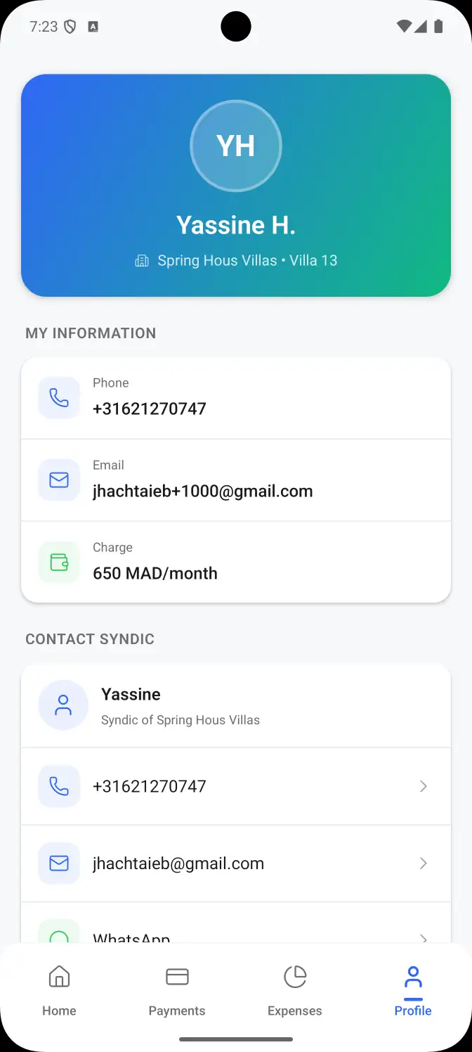 Contacter le syndic depuis l'application Kassaba - WhatsApp, téléphone, email pour les propriétaires MRE