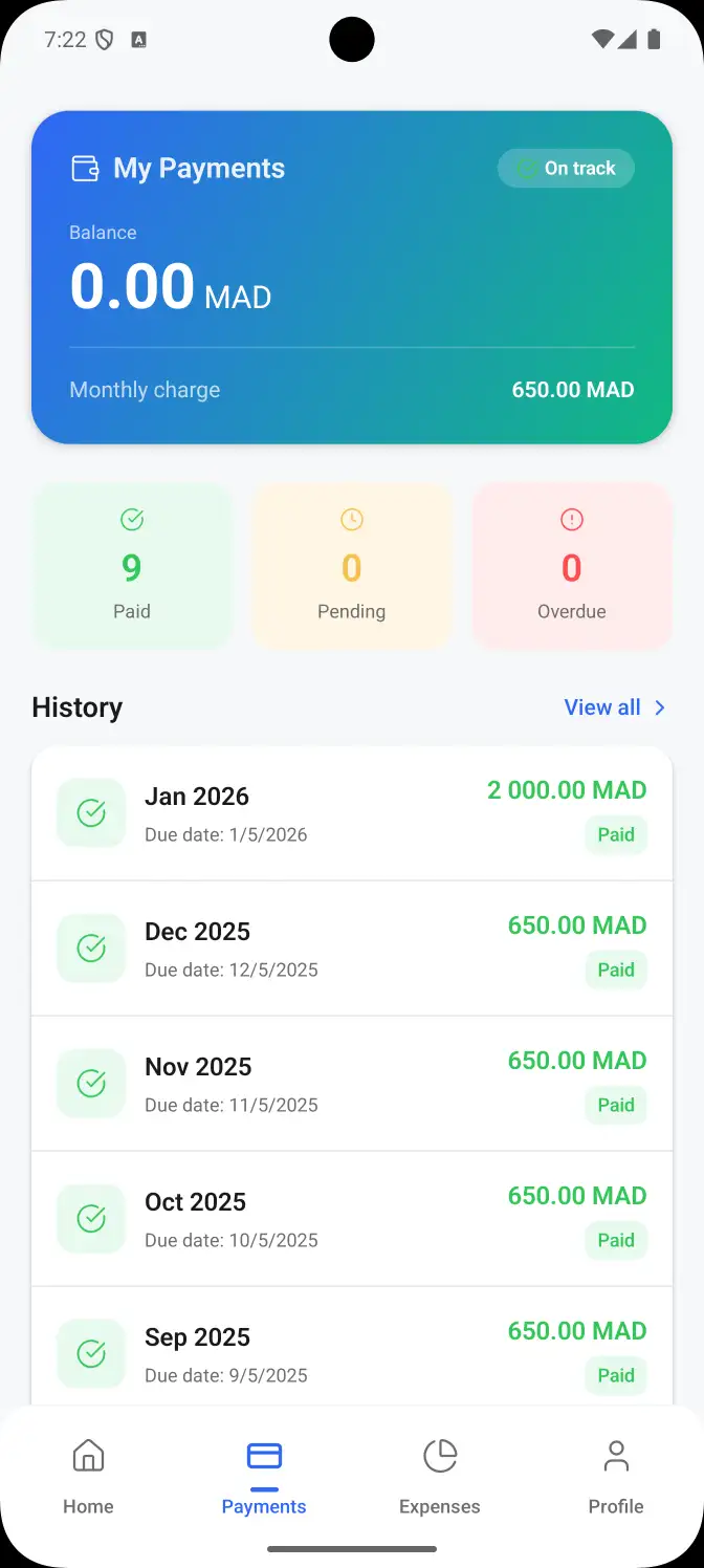 Historique des paiements dans l'application Kassaba - suivez vos paiements immobiliers au Maroc depuis l'étranger